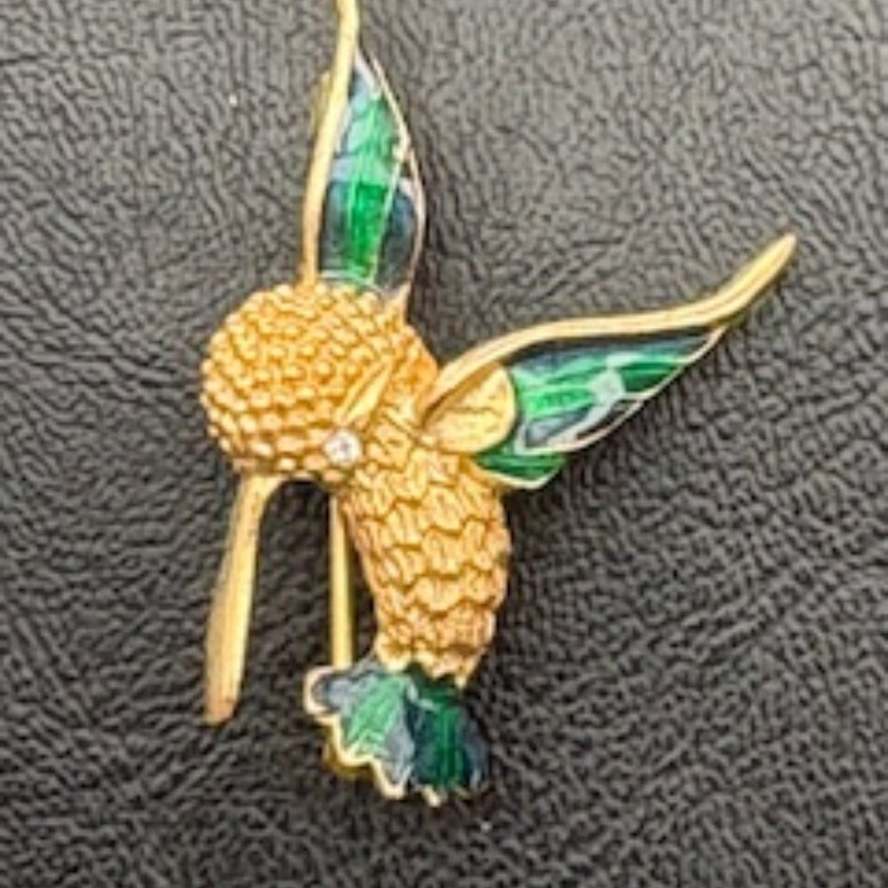 Gold tone Hummingbird brooch-Green enamel & rhinestone eye